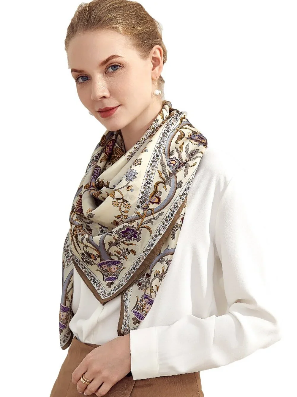 100% Silk Scarves, Extra-Large, Beanstalk, Creme With Taupe Trim